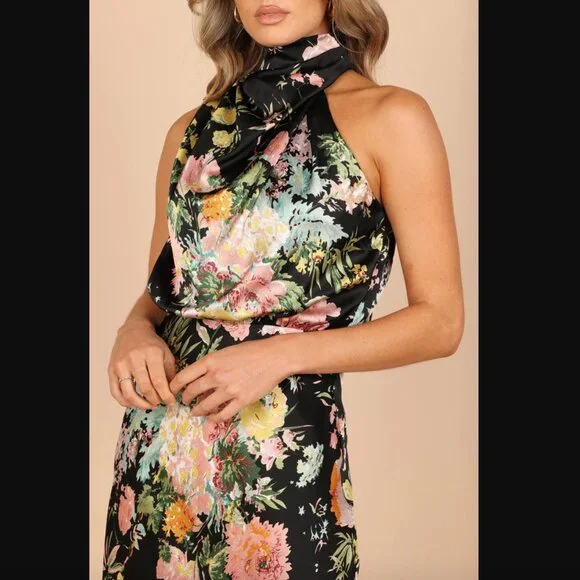 Petal & Pup Anabelle Black Floral Satin Halter High Neck Midi Dress XL - Picture 5 of 11